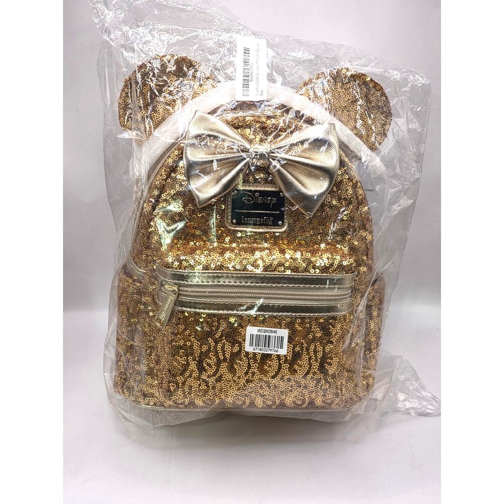 Loungefly Disney Minnie Mouse Gold Sequin Mini Backpack WDBK0646 New
